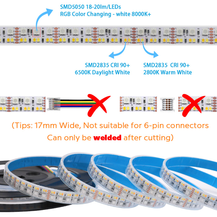 RGBCW Color Changing LED Light Strips - 15mm 24V/12V 5050+2835 LED - 270LEDs/m High Density